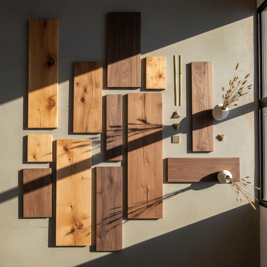 A collection of wooden boards, including light and dark varieties, arranged on a wall with various vases and small decorat...