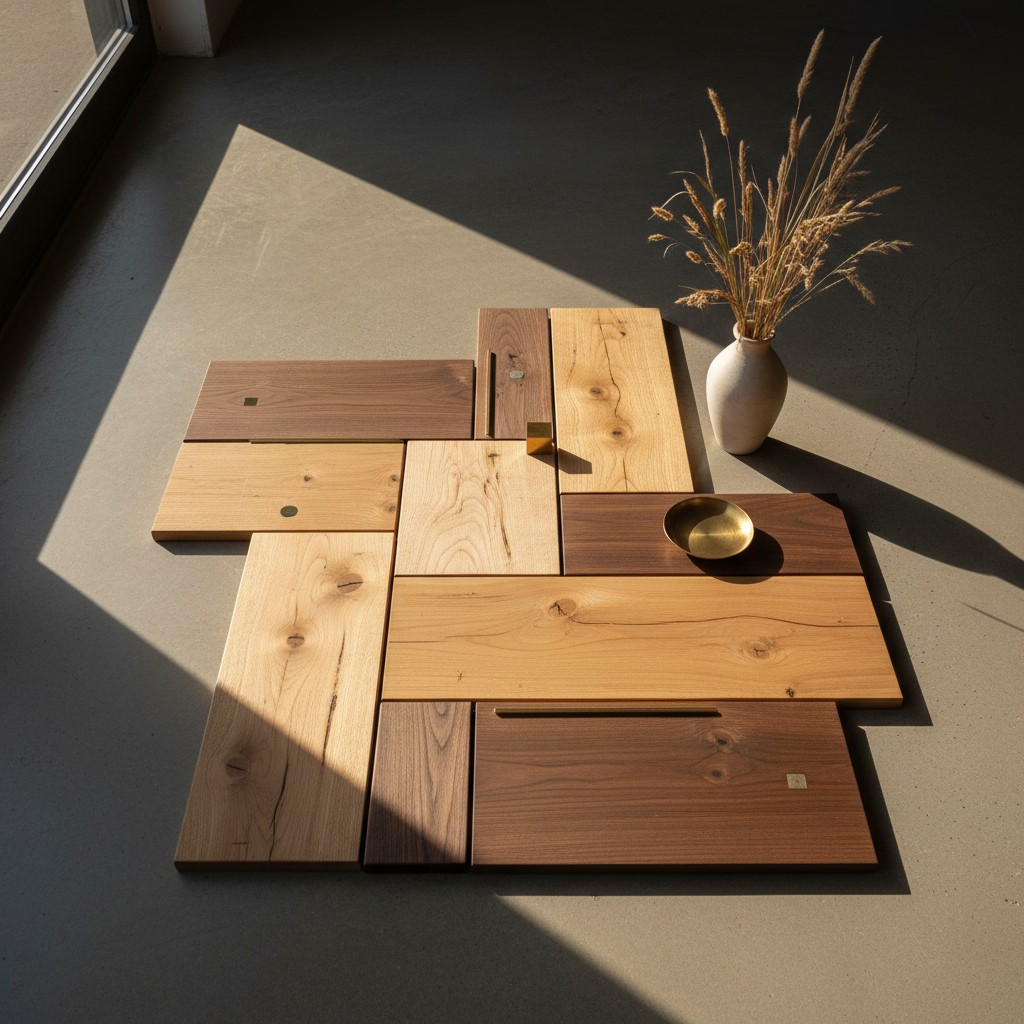 A collection of wooden planks laid out on a floor, accompanied by a vase with dried flowers and a small gold bowl.