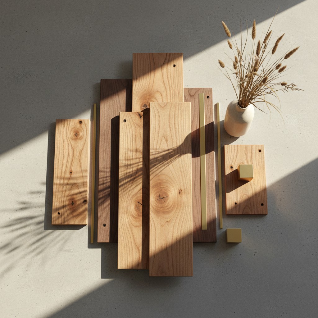 wooden boards and natural dcor arrangement laying on the ground with shadows falling across the image.